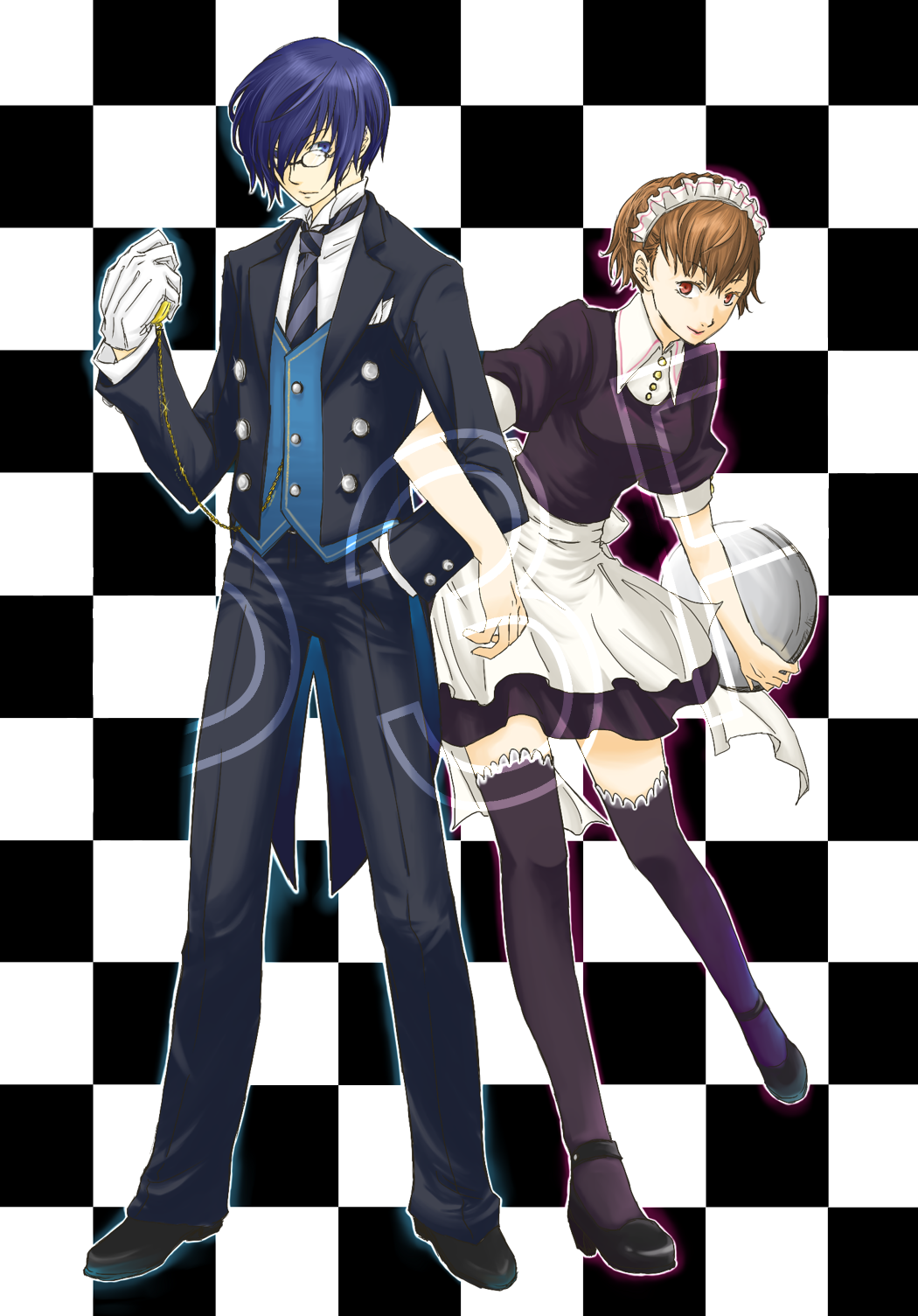 magi12, shiomi kotone, yuuki makoto (persona 3), atlus, persona, persona 3, persona 3 portable, bad id, bad pixiv id, colorized, highres, brown hair, checkered background, formal clothes, glasses, maid, short hair, skirt, smile, suit, thighhighs