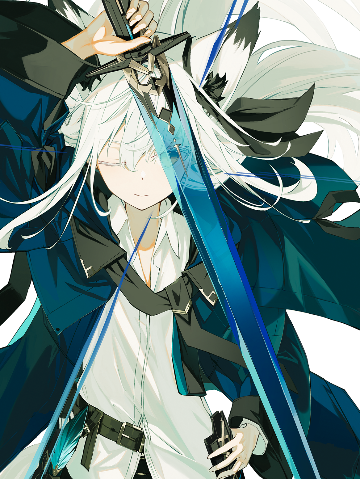 nagishiro mito, original, commentary request, highres, 1girl, animal ear fluff, animal ears, belt, black belt, blue jacket, book, book holster, bow, collared shirt, crossed bangs, double-parted bangs, ear bow, ear ornament, extra ears, fox ears, fox girl, fox tail, holding, holding sheath, holding sword, holding weapon, idea (nagishiro mito), jacket, long hair, looking at viewer, one eye closed, quill, scabbard, sheath, shirt, sidelocks, simple background, solo, sword, tail, transparent sword, upper body, weapon, white background, white hair, white shirt, wide sleeves, yellow eyes