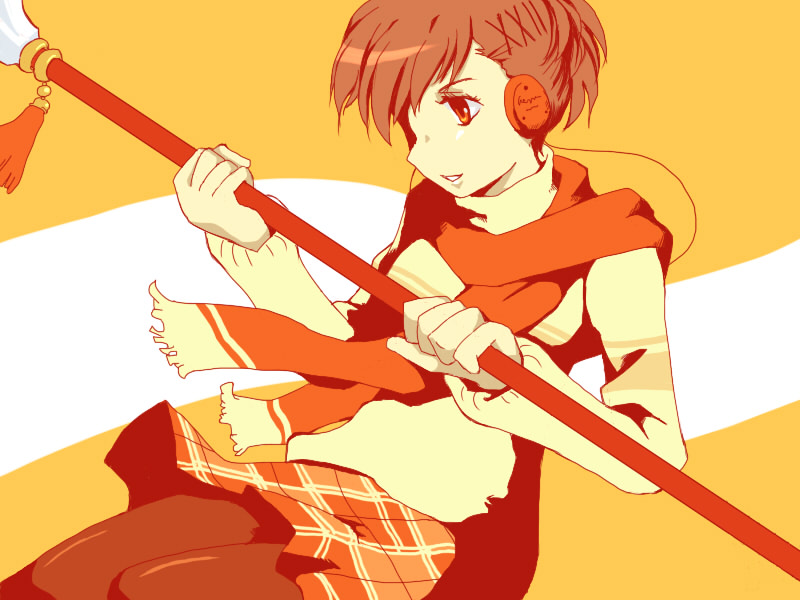 yanagihara tantoui, shiomi kotone, atlus, persona, persona 3, persona 3 portable, 1girl, brown hair, female focus, headphones, naginata, pantyhose, polearm, short hair, skirt, smile, solo, weapon