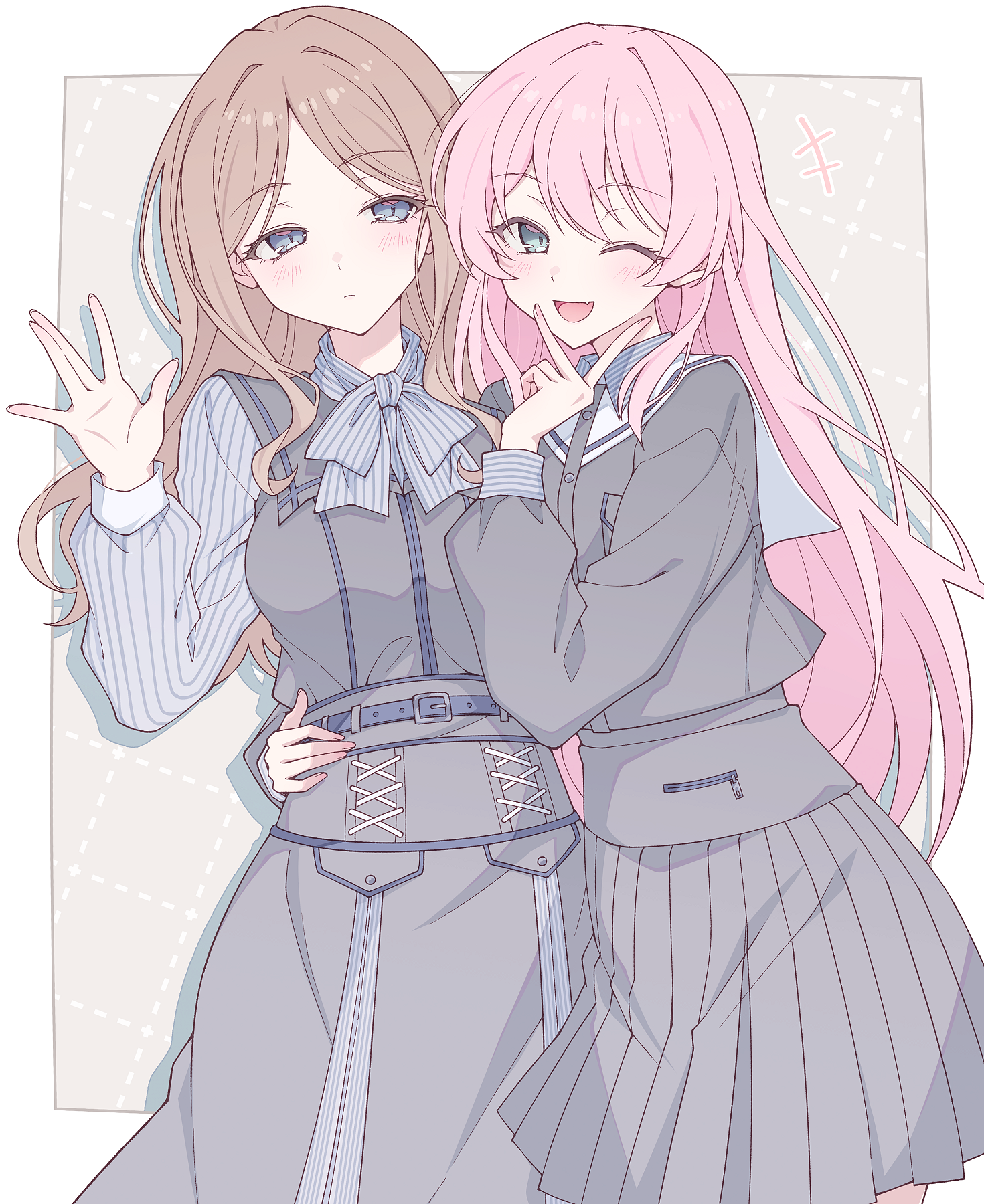 e20, chihaya anon, nagasaki soyo, bang dream!, bang dream! it's mygo!!!!!, commentary request, highres, 2girls, blue eyes, blue shirt, border, breasts, brown hair, closed mouth, fang, grey shirt, grey skirt, hand on another's waist, index finger raised, long hair, long sleeves, medium breasts, multiple girls, one eye closed, open mouth, outside border, pink hair, pleated skirt, shirt, skirt, white border