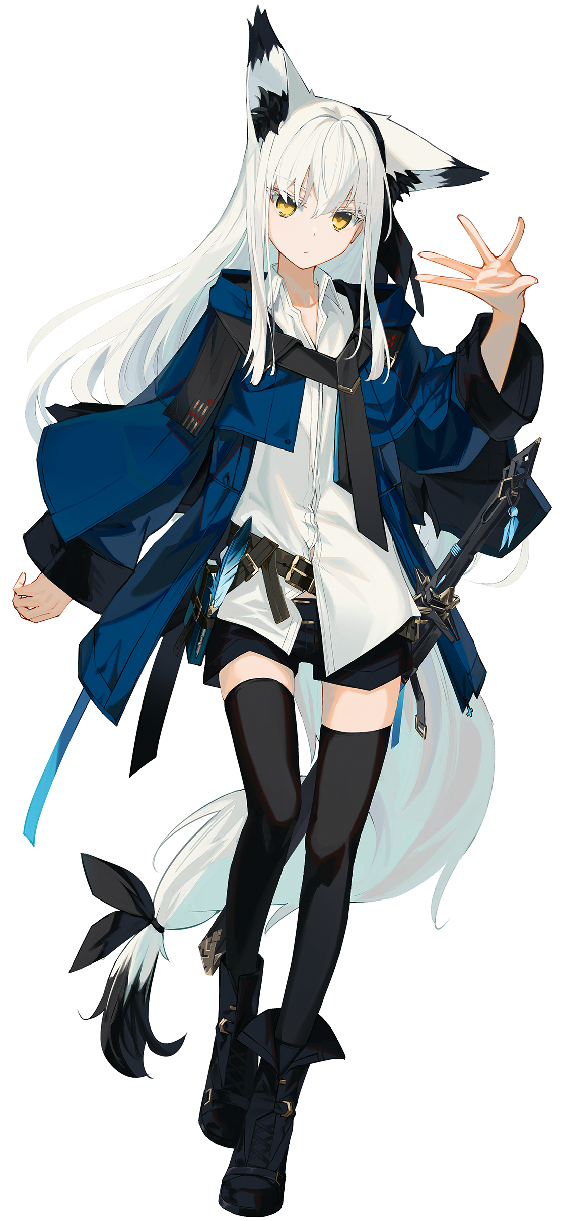 nagishiro mito, original, absurdres, commentary request, highres, 1girl, animal ear fluff, animal ears, belt, black belt, black boots, black shorts, black tail, black thighhighs, blue jacket, book, book holster, boots, bow, collared shirt, crossed bangs, double-parted bangs, extra ears, fox ears, fox girl, fox tail, full body, hair bow, idea (nagishiro mito), jacket, long hair, looking at viewer, multicolored tail, quill, shirt, shorts, sidelocks, simple background, solo, sword, tail, tail bow, tail ornament, thighhighs, weapon, white background, white hair, white shirt, white tail, wide sleeves, yellow eyes