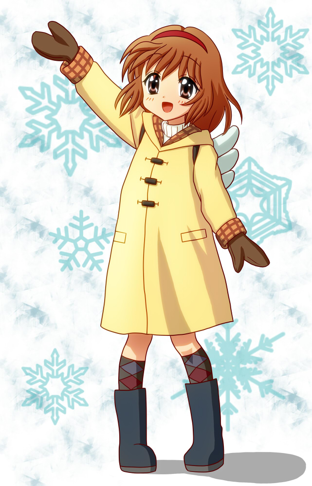 chunpai, tsukimiya ayu, kanon, argyle, backpack, bag, boots, brown hair, hairband, mittens, randoseru, red eyes, short hair, solo, waving, wings