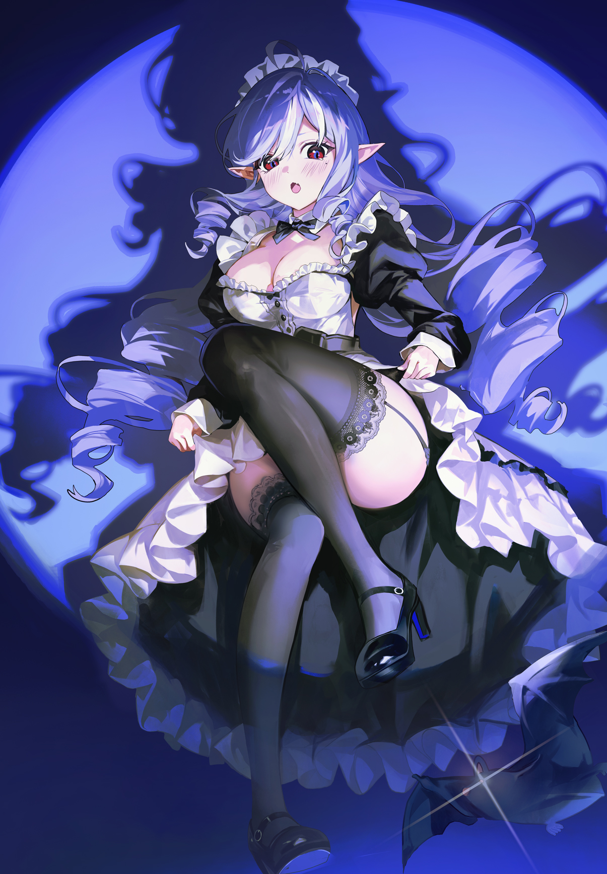 zuco, vivian banshee, zenless zone zero, highres, 1girl, alternate costume, black dress, black thighhighs, blush, breasts, cleavage, dress, drill hair, drill sidelocks, enmaided, hairband, high-low dress, knee up, maid, medium breasts, mole, mole under eye, open mouth, pointy ears, red eyes, sidelocks, skirt hold, solo, spotlight, thighhighs, thighs, twin drills, white hairband