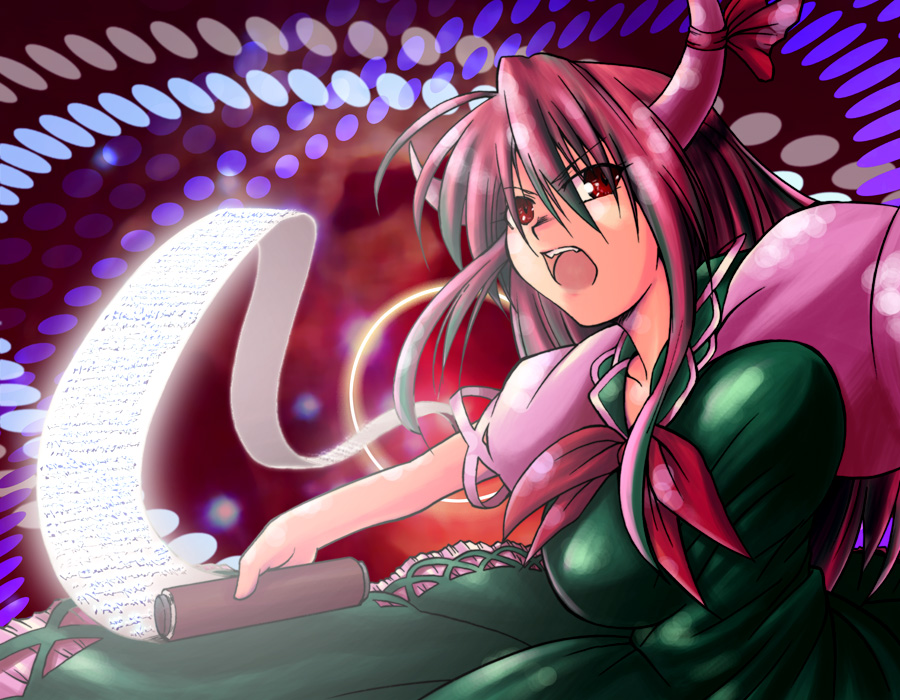 konoe yuba, ex-keine, kamishirasawa keine, imperishable night, touhou, bad id, bad pixiv id, 1girl, danmaku, female focus, horns, scroll, solo
