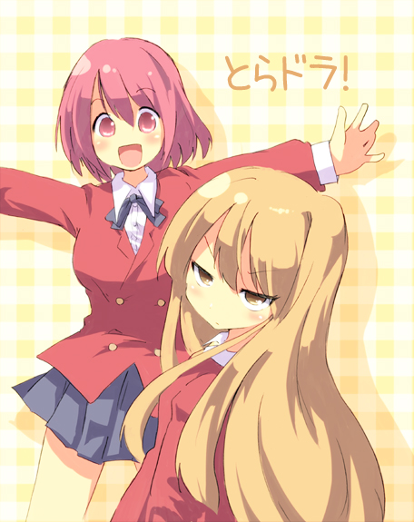 oge (ogeogeoge), aisaka taiga, kushieda minori, toradora!, bad id, bad pixiv id, 00s, brown eyes, brown hair, long hair, red eyes, red hair, school uniform, short hair