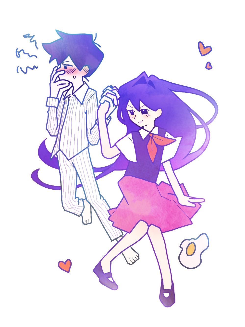 pyoppyop omori, hero (headspace) (omori), hero (omori), mari (headspace) (omori), mari (omori), omori, highres, 1boy, 1girl, :3, antenna hair, barefoot, black shoes, blush, closed mouth, collared pajamas, collared shirt, colored skin, covering own mouth, double-parted bangs, fried egg, hair between eyes, heart, holding hands, interlocked fingers, long hair, long sleeves, looking at another, neckerchief, pajamas, pants, purple eyes, purple hair, purple sweater vest, red neckerchief, red skirt, shirt, shoes, short hair, short sleeves, simple background, skirt, smug, striped clothes, striped pajamas, striped pants, sweater vest, vertical-striped clothes, vertical-striped pajamas, vertical-striped pants, white background, white pajamas, white pants, white shirt, white skin