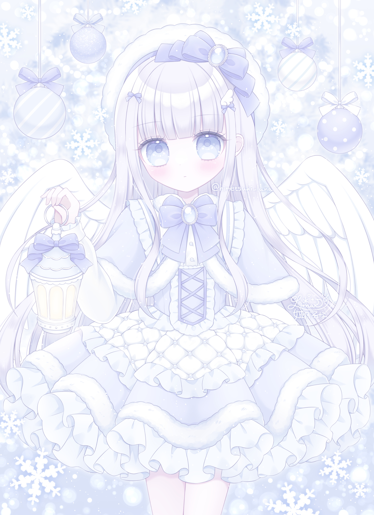 himetsuki luna, original, highres, 1girl, blue eyes, bow, capelet, christmas, dress, fur-trimmed capelet, fur trim, long hair, solo, tenshi kaiwai, wings