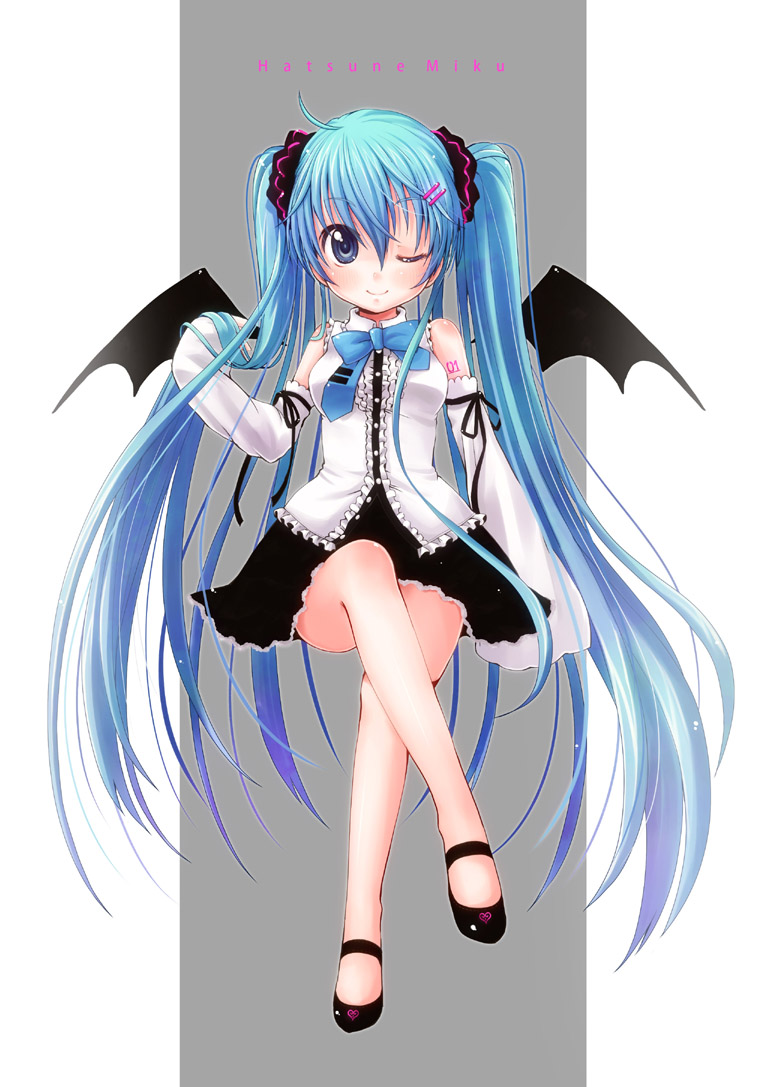 yukiu con, hatsune miku, vocaloid, bad id, bad pixiv id, 1girl, aqua hair, bat wings, blue eyes, crossed legs, detached sleeves, female focus, full body, legs, long hair, sitting, smile, solo, twintails, very long hair, wings, wink