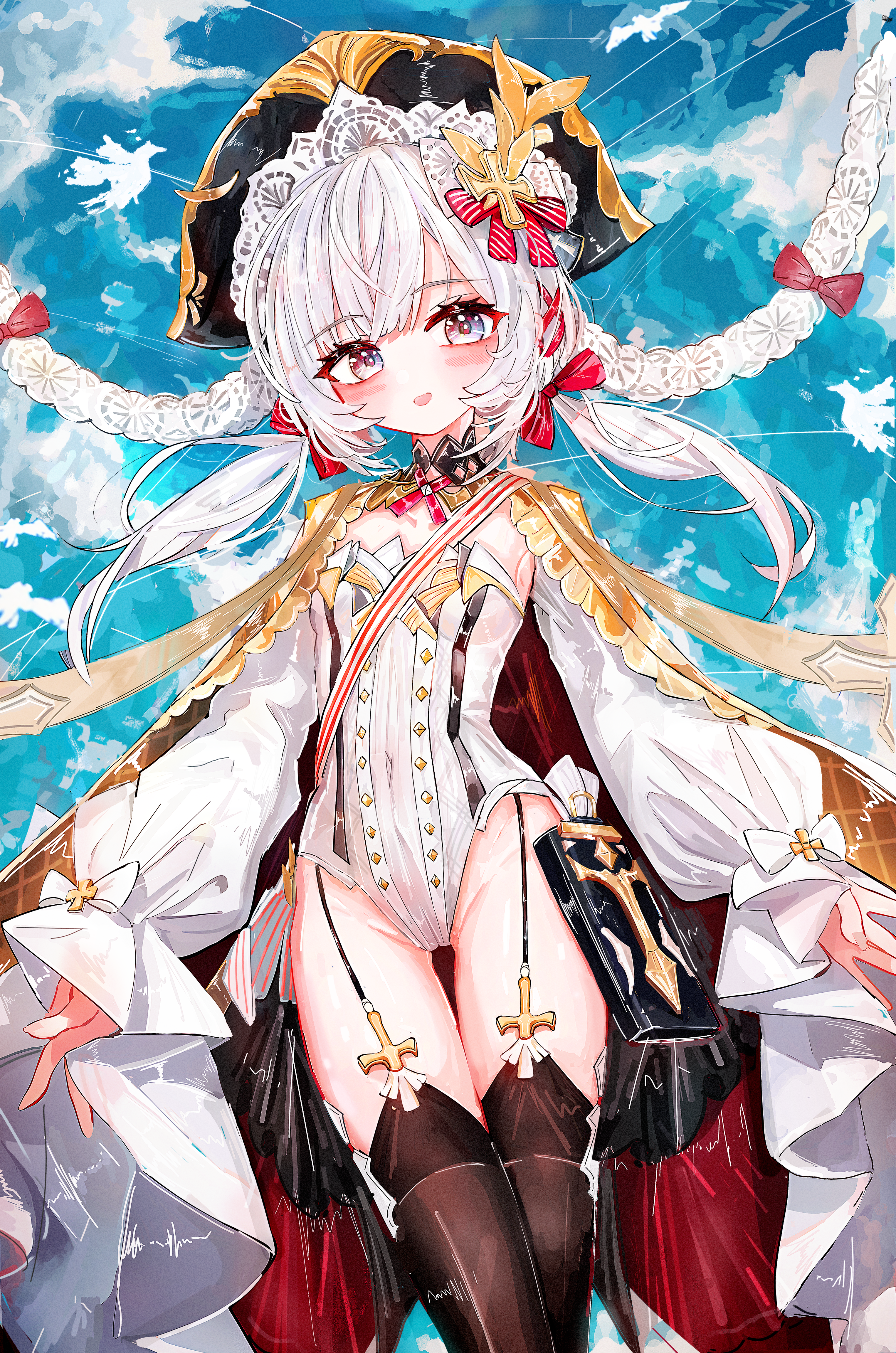 a1u, flandre (azur lane), azur lane, absurdres, commentary, highres, 1girl, black thighhighs, breasts, grey eyes, groin, hat, leotard, long hair, long sleeves, looking at viewer, low twintails, open mouth, small breasts, solo, thighhighs, twintails, white hair, white leotard
