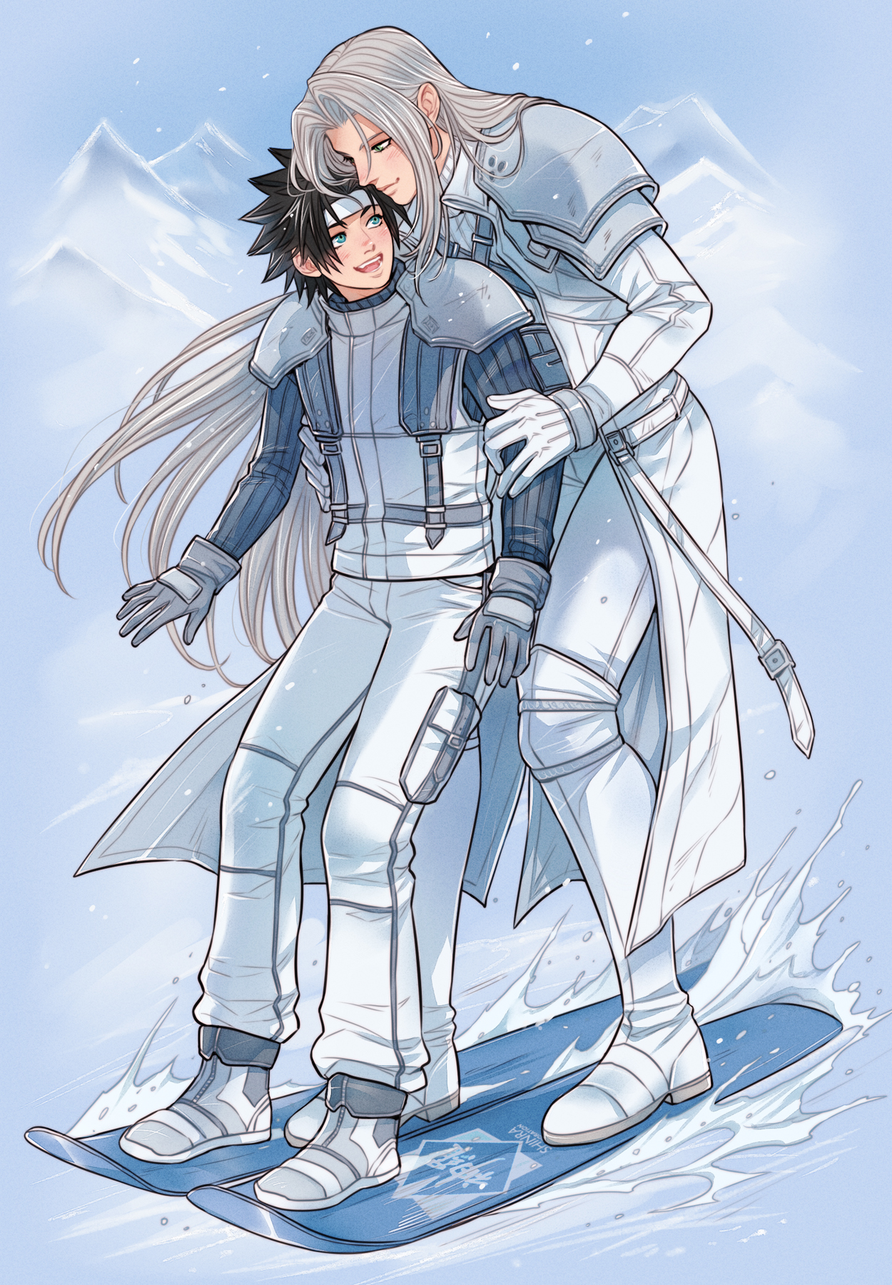 crylin6, sephiroth, zack fair, crisis core: final fantasy vii, final fantasy, final fantasy vii, highres, 2boys, alternate costume, aqua eyes, armor, blush, boots, chest strap, closed mouth, coat, full body, gloves, green eyes, grey boots, grey gloves, grey hair, grey sweater, hand on another's waist, headband, holding another's arm, light smile, long bangs, long coat, long hair, male focus, mountain, multiple boys, open mouth, outdoors, pants, parted bangs, pauldrons, ribbed sweater, short hair, shoulder armor, skiing, slit pupils, snow, suspenders, sweater, turtleneck, turtleneck sweater, white boots, white coat, white gloves, white headband, white pants, white sweater, winter, yaoi