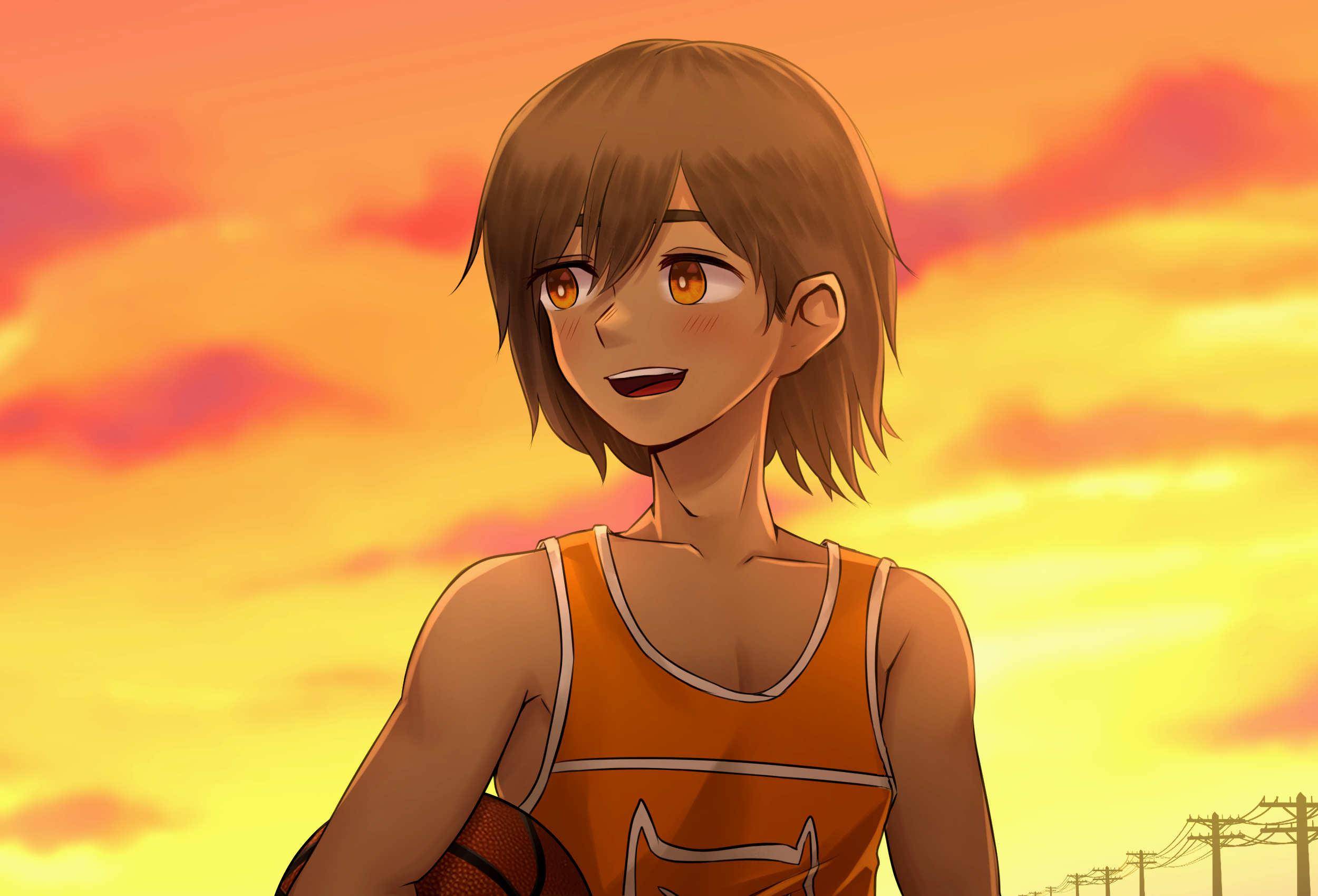 emergencysundae, kel (faraway) (omori), kel (omori), omori, commentary, english commentary, highres, 1boy, alternate eye color, ball, basketball (object), blurry, blurry background, blush, bright pupils, brown eyes, brown hair, cloud, collarbone, dark-skinned male, dark skin, double-parted bangs, evening, hair between eyes, holding, holding ball, looking to the side, male focus, open mouth, power lines, short hair, smile, solo, tongue, white pupils