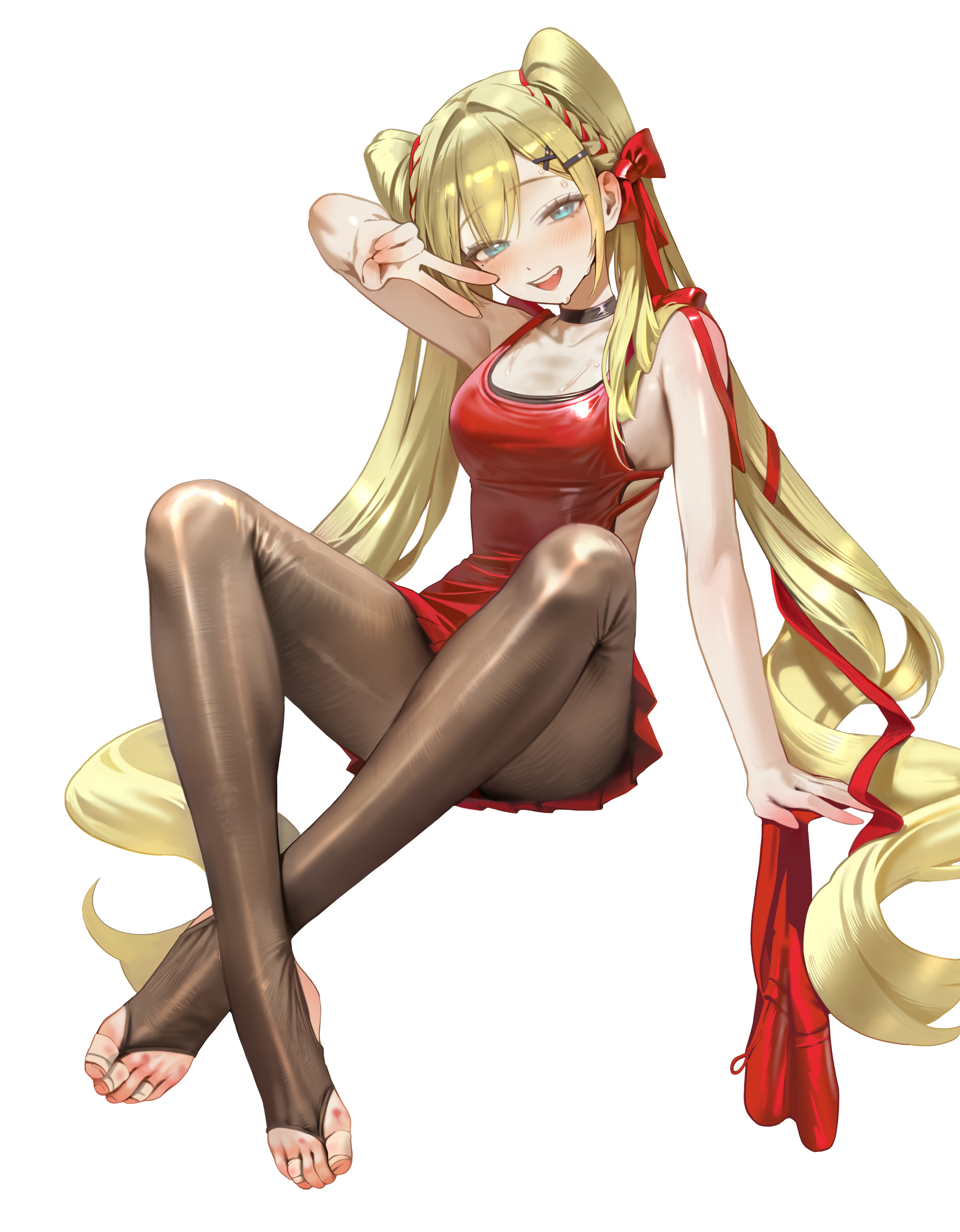 bangsom, asha (bangsom), original, absurdres, commentary request, highres, 1girl, aqua eyes, arm support, bandaid on toe, black choker, black pantyhose, blonde hair, blush, bow, bridal legwear, choker, crossed ankles, dress, hair bow, hair ornament, hair ribbon, hairclip, long hair, looking at viewer, no shoes, pantyhose, red bow, red dress, red ribbon, ribbon, sitting, solo, sweat, toes, twintails, very long hair