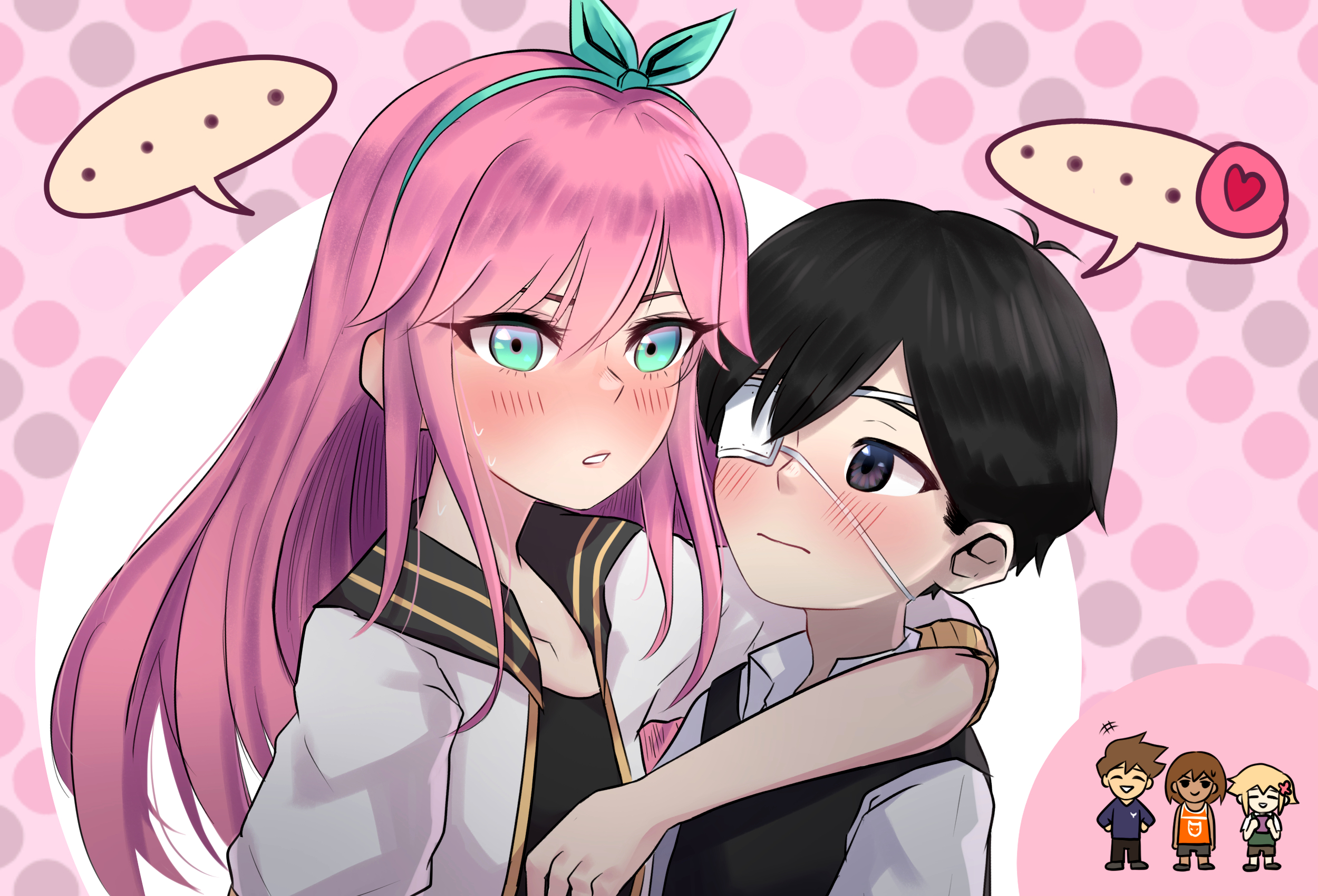 emergencysundae, aubrey (faraway) (omori), aubrey (omori), basil (faraway) (omori), basil (omori), hero (faraway) (omori), hero (omori), kel (faraway) (omori), kel (omori), sunny (omori), omori, commentary, english commentary, highres, spoilers, …, 1girl, 4boys, antenna hair, arm on another's shoulder, black eyes, black hair, black pants, black sweater vest, blonde hair, blue eyes, blue hairband, blue sweater, blush, brothers, brown hair, brown shorts, chibi, closed mouth, collarbone, collared shirt, dark-skinned male, dark skin, double-parted bangs, eyepatch, flower, green sweater vest, hair between eyes, hair flower, hair ornament, hairband, heart, jacket, long sleeves, looking at another, looking at viewer, multiple boys, open clothes, open jacket, pants, parted lips, pink hair, shirt, short-sleeved jacket, short hair, short sleeves, shorts, siblings, sidelocks, speech bubble, spoken ellipsis, spoken heart, sweat, sweater, sweater vest, white jacket, white shirt