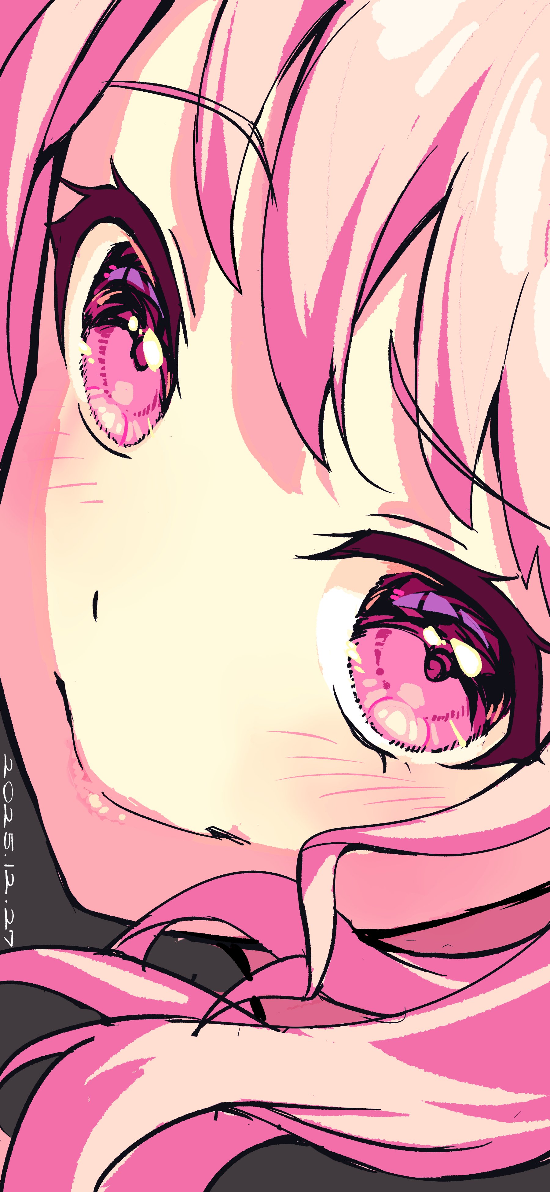 nobusawa osamu, maruyama aya, bang dream!, absurdres, highres, 1girl, close-up, dated, grey background, light smile, lips, looking at viewer, medium hair, pink eyes, pink hair, simple background, solo