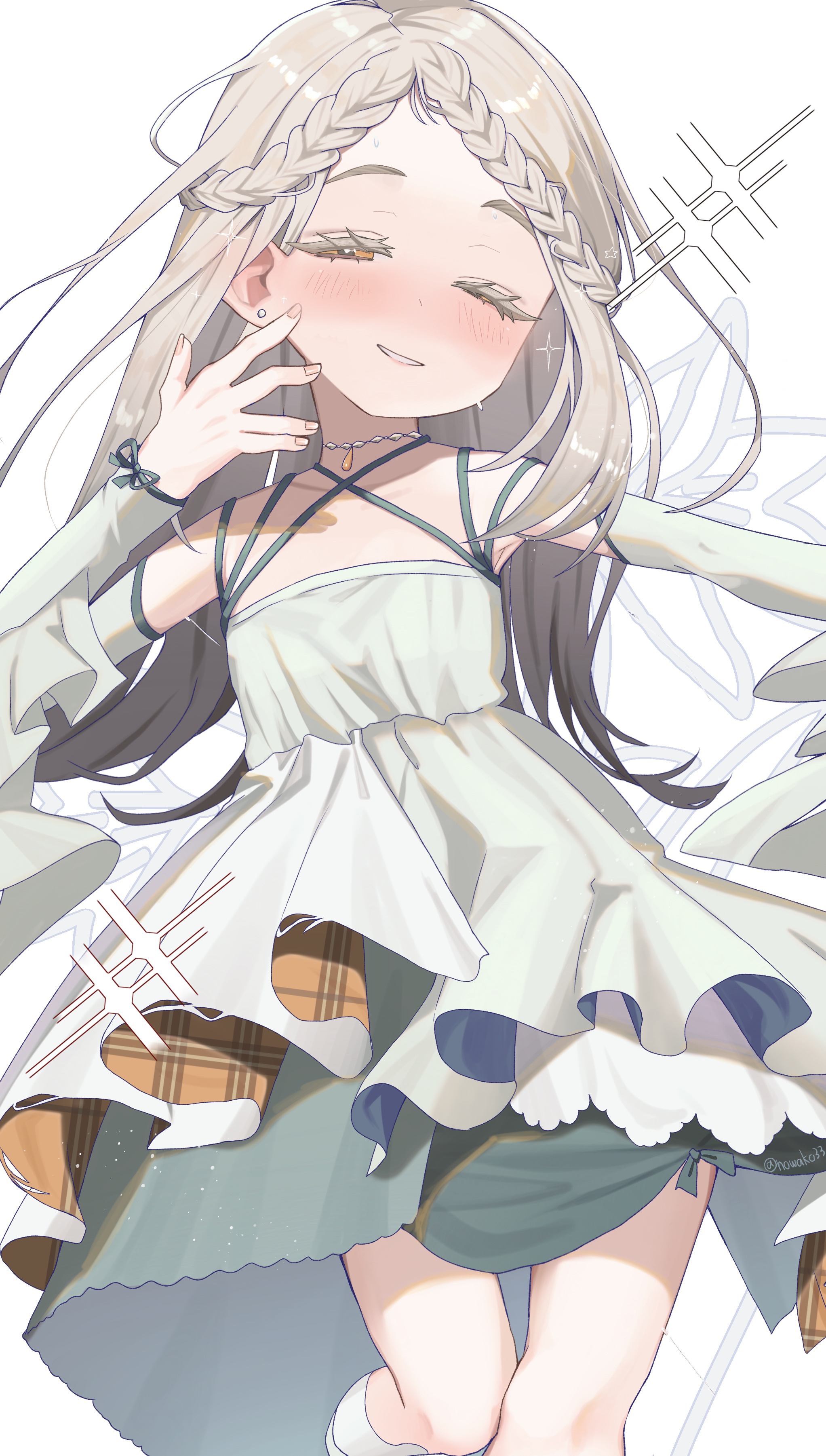 noko (nowako33), shinosawa hiro, gakuen idolmaster, idolmaster, absurdres, commentary request, highres, 1girl, blonde hair, blush, braid, breasts, colored eyelashes, criss-cross halter, crown braid, detached sleeves, dress, earrings, feet out of frame, fingernails, flipped hair, gradient hair, green dress, green sleeves, grey hair, half-closed eyes, halter dress, halterneck, hand up, jewelry, koukei (idolmaster), layered dress, long hair, long sleeves, looking at viewer, multicolored hair, narrowed eyes, necklace, open mouth, orange eyes, simple background, small breasts, smile, solo, standing, stud earrings, white background