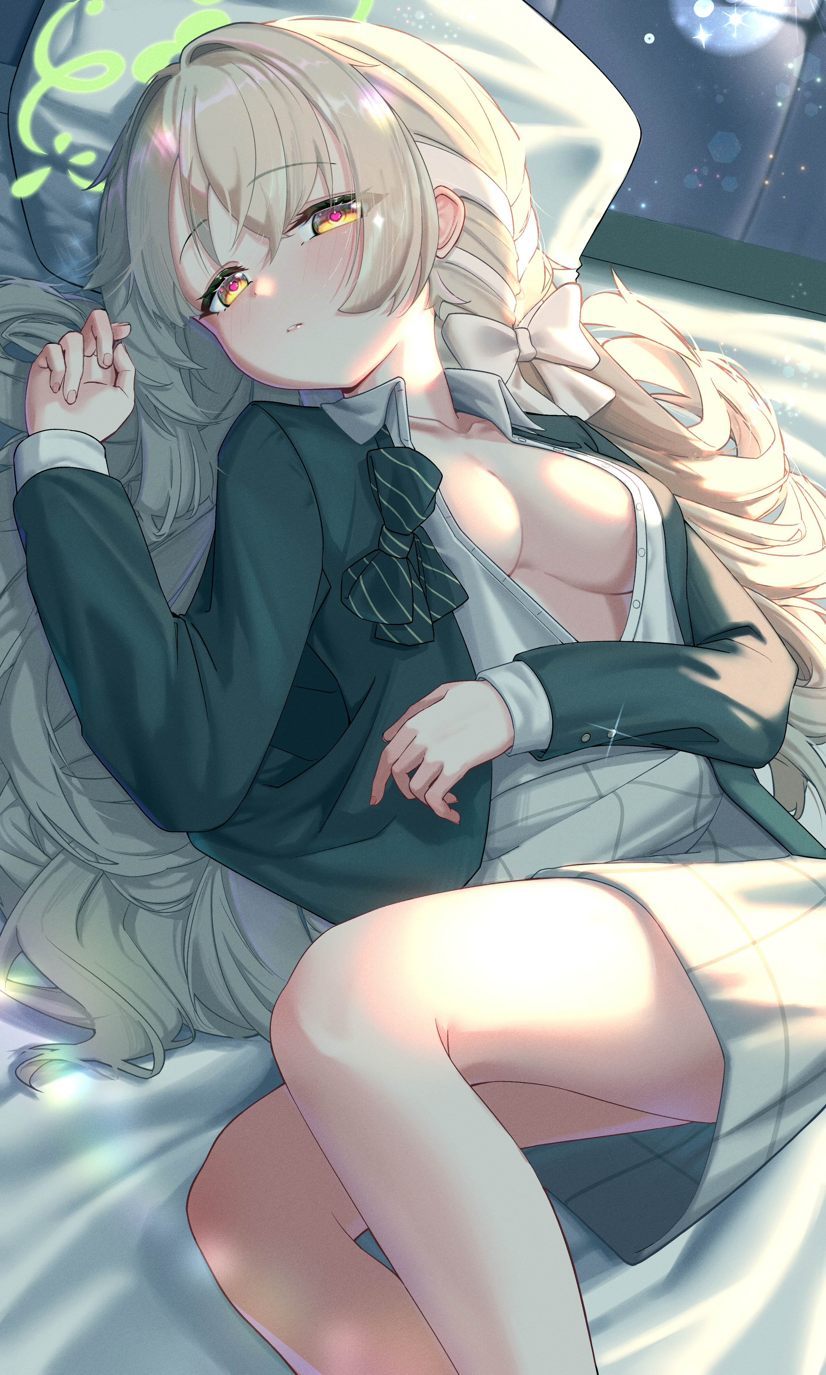 mayou940114, miyo (blue archive), blue archive, absurdres, commentary request, highres, 1girl, blazer, bow, braid, breasts, cleavage, collarbone, feet out of frame, green halo, green jacket, grey hair, grey skirt, hair between eyes, hair bow, halo, jacket, long hair, long sleeves, lying, medium breasts, on back, parted lips, partially unbuttoned, plaid clothes, plaid skirt, school uniform, skirt, wavy hair, white bow