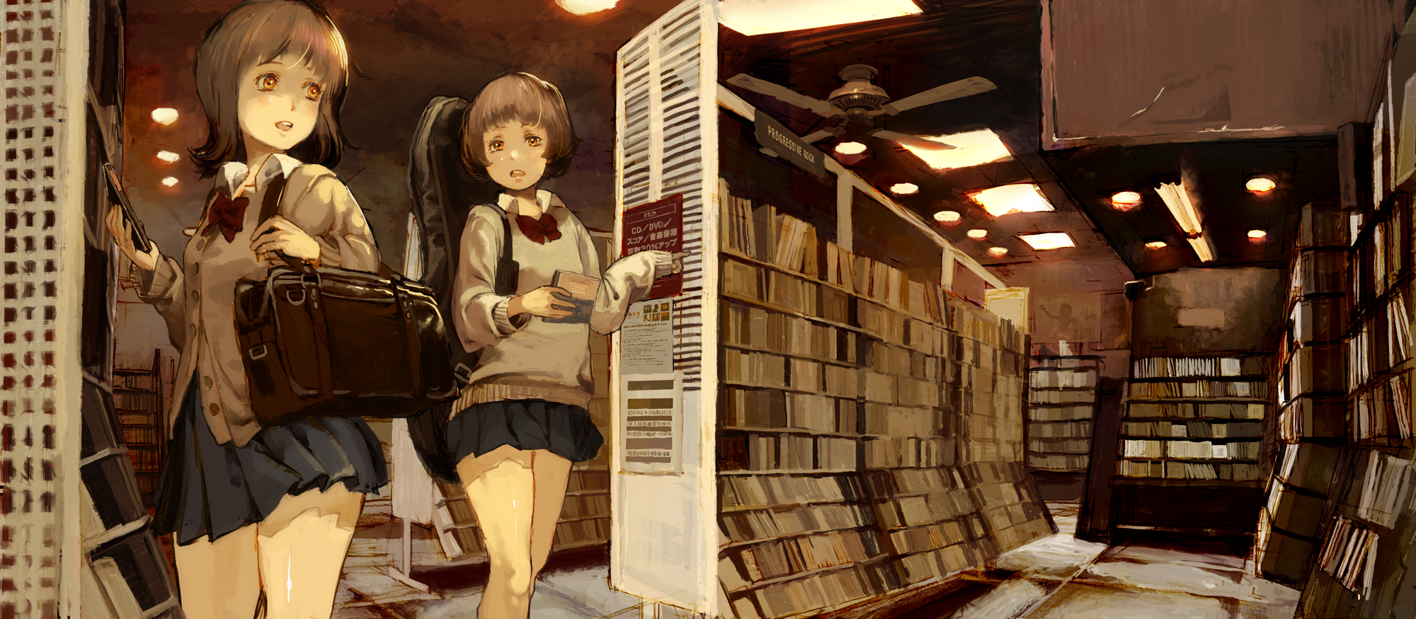 kacchuu, original, bad id, bad pixiv id, highres, long image, wide image, 2girls, bow, brown eyes, brown hair, cd, multiple girls, school uniform, shop, shopping, short hair, sweater vest