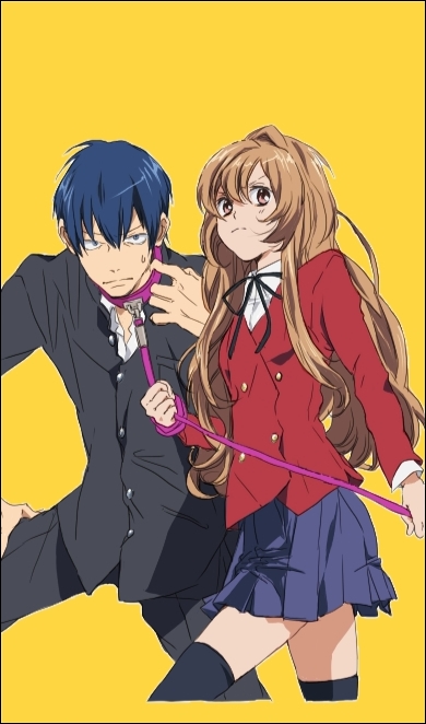 maui, aisaka taiga, takasu ryuuji, toradora!, 00s, 1boy, 1girl, blue eyes, blue hair, brown eyes, brown hair, leash, long hair, school uniform, thighhighs