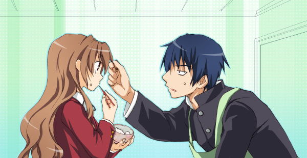 youhi, aisaka taiga, takasu ryuuji, toradora!, bad id, bad pixiv id, 00s, 1boy, 1girl, apron, black eyes, blue hair, brown eyes, brown hair, eating, long hair, school uniform