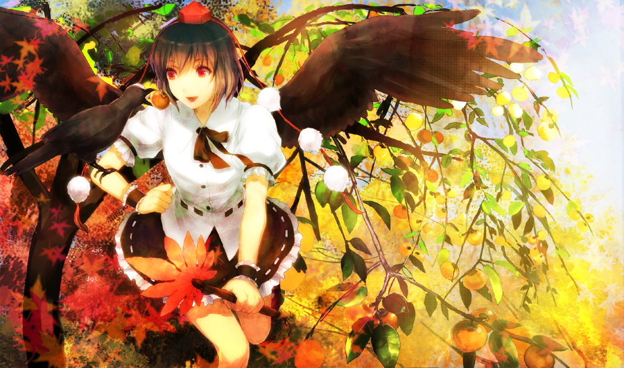 sakamuke, shameimaru aya, touhou, looking away, bad id, bad pixiv id, 1girl, animal on arm, bird, bird on arm, black hair, black wings, crow, female focus, hat, open mouth, red eyes, short hair, smile, solo, tokin hat, wings