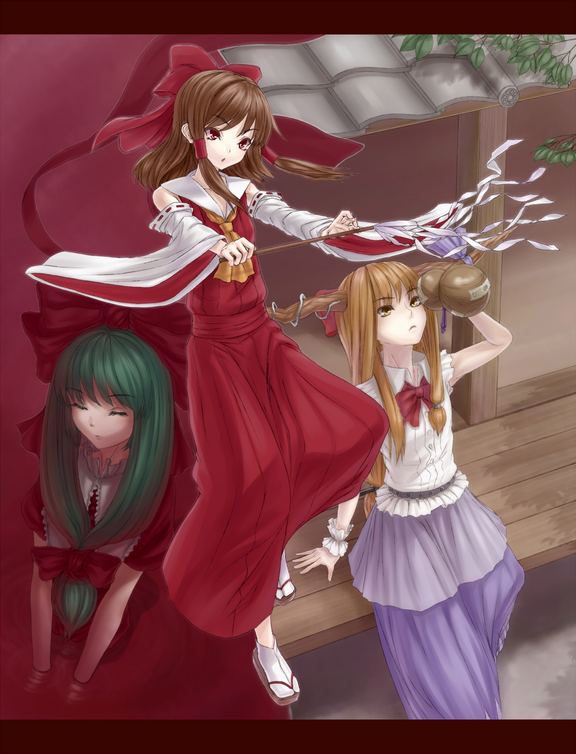 kronossin, shinomoto gekka, hakurei reimu, ibuki suika, kagiyama hina, touhou, bad id, bad pixiv id, highres, 3girls, blonde hair, bow, brown hair, detached sleeves, female focus, front ponytail, gohei, gourd, green hair, hair ribbon, horns, japanese clothes, long hair, miko, multiple girls, oonusa, red eyes, ribbon, short hair