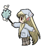 chii, chobits, animated, animated gif, lowres, 00s, 1girl, android, animal ears, apron, blonde hair, brown eyes, chibi, cleaning, duster, dusting, female focus, full body, jacket, long hair, pants, solo, standing, transparent background, twintails, very long hair