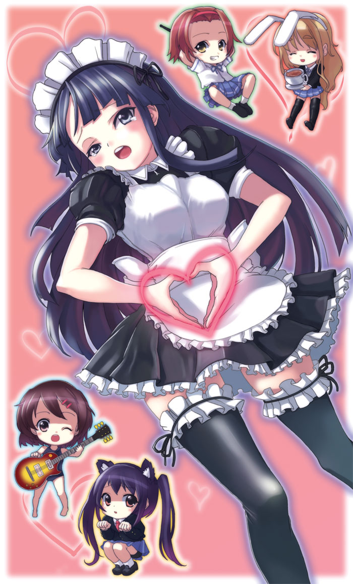 christinya, akiyama mio, hirasawa yui, kotobuki tsumugi, nakano azusa, tainaka ritsu, k-on!, 00s, 5girls, ^ ^, alternate costume, animal ears, apron, black hair, brown eyes, brown hair, cat ears, chibi, closed eyes, cup, enmaided, guitar, hair ornament, hairband, hairclip, heart, ho-kago tea time, instrument, maid, maid apron, maid headdress, moe moe kyun!, multiple girls, one eye closed, rabbit ears, squatting, thighhighs, twintails, wink, zettai ryouiki