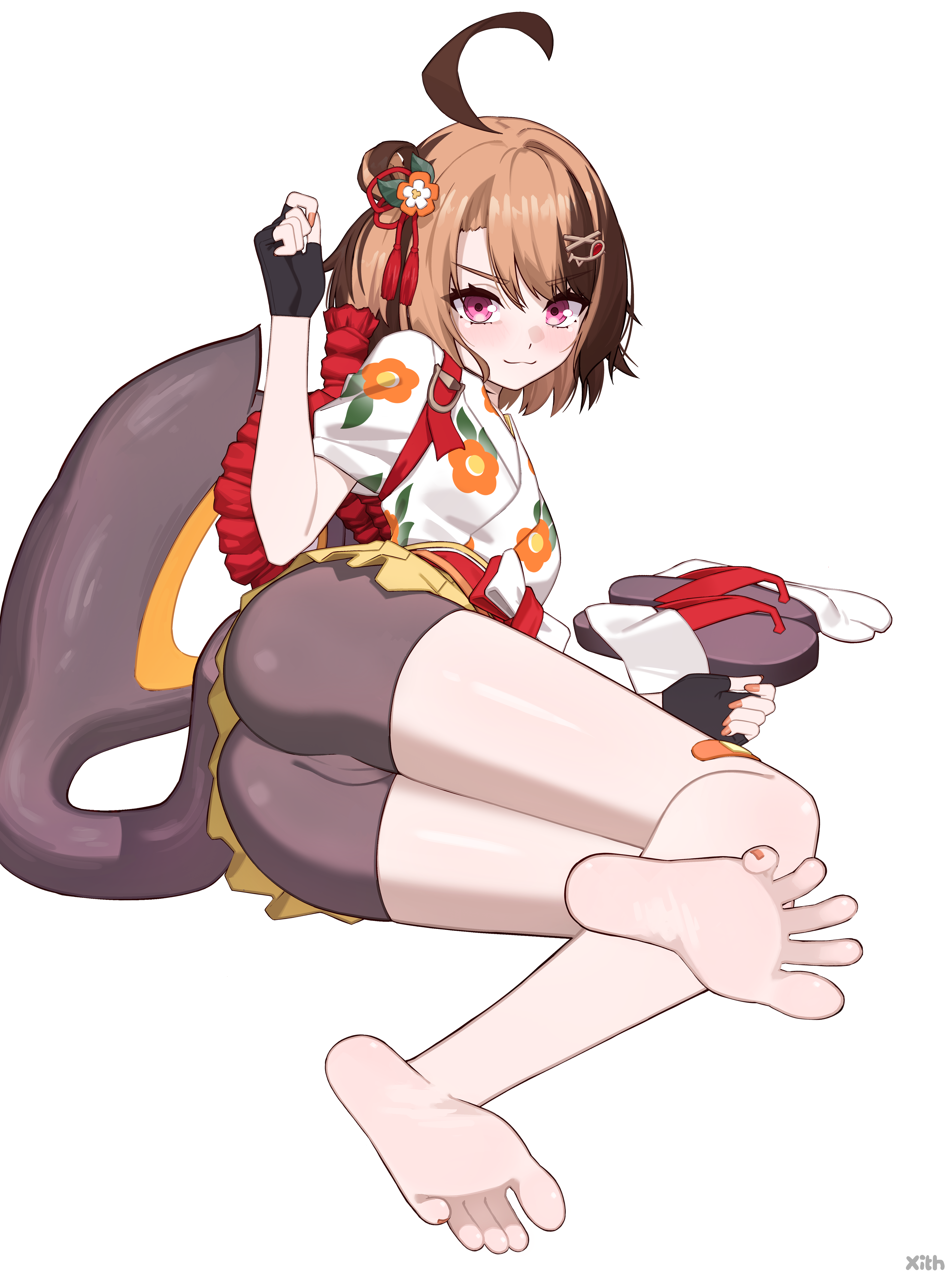 x xith x, gigi murin, gigi murin (new year), hololive, hololive english, absurdres, commentary, commission, english commentary, highres, 1girl, :3, ahoge, ass, barefoot, bike shorts, bike shorts under skirt, black gloves, black shorts, brown hair, cameltoe, feet, fingerless gloves, floral print, floral print kimono, flower, full body, gloves, hair bun, hair flower, hair ornament, hairclip, hakama, hakama short skirt, hakama skirt, hand up, japanese clothes, kimono, looking at viewer, lying, multicolored hair, nail polish, official alternate costume, official alternate hairstyle, on side, one side up, orange nails, pink eyes, print kimono, sandals, short hair, short kimono, shorts, side up bun, simple background, skirt, socks, soles, solo, tassel, tassel hair ornament, toes, two-tone hair, unworn sandals, unworn socks, virtual youtuber, white background, white kimono, yellow hakama