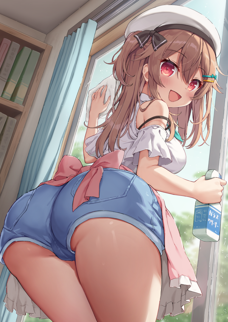 ezoshika, original, commentary request, 1girl, :d, ass, beret, black bra, bookshelf, bottle, bra, bra strap, brown hair, cleaning, day, hair between eyes, hair ornament, hairclip, hat, hat ribbon, holding, holding bottle, holding rag, indoors, long hair, looking at viewer, open mouth, red eyes, ribbon, shirt, sidelocks, smile, solo, strap slip, thighs, trefoil, underwear, white hat, white shirt, window