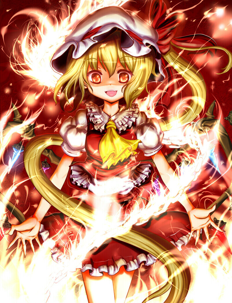 sumisu (mondo), flandre scarlet, touhou, bad id, bad pixiv id, 1girl, blonde hair, blouse, collared shirt, female focus, hair between eyes, hat, mob cap, ponytail, red eyes, shirt, short hair, side ponytail, solo, white hat, white shirt, wings