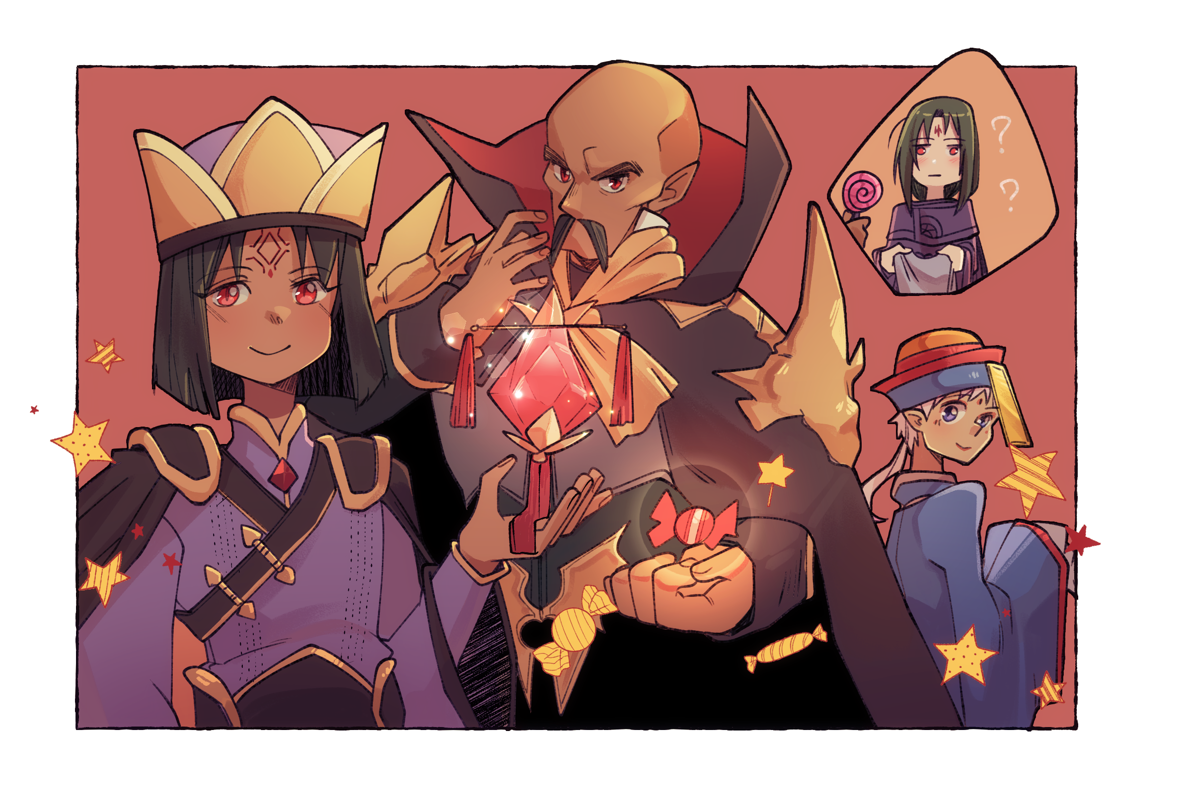 charmwitch, deghinsea, deghinsea (halloween), ena (fire emblem), ena (halloween) (fire emblem), kurthnaga (fire emblem), kurthnaga (halloween) (fire emblem), soren (fire emblem), fire emblem, fire emblem: radiant dawn, fire emblem heroes, nintendo, commentary, highres, 1girl, 3boys, bald, border, candy, dark-skinned male, dark skin, facial hair, facial mark, food, forehead mark, halloween, halloween costume, lollipop, male focus, multiple boys, mustache, official alternate costume, ofuda, pink hair, pointy ears, ponytail, red eyes, red hair, smile, swirl lollipop