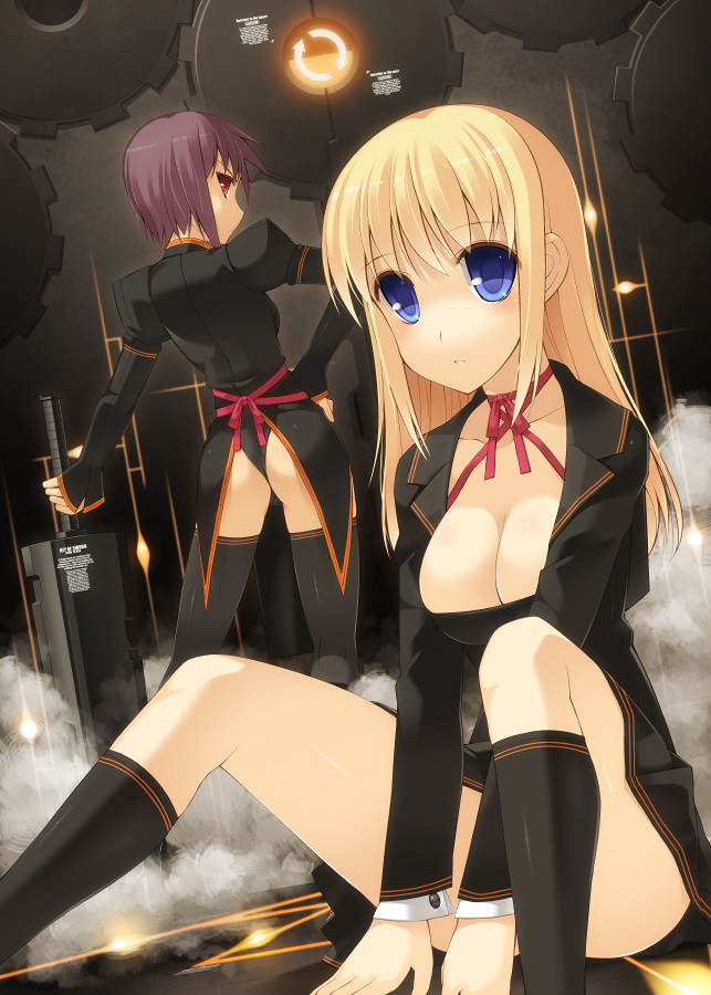 ohta yuichi, bad id, bad pixiv id, 2girls, ass, blonde hair, blue eyes, breasts, cleavage, multiple girls, purple eyes, purple hair, sitting, sword, thighhighs, weapon