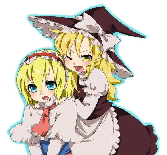 kuzumiya yuyu, alice margatroid, kirisame marisa, touhou, 2girls, blonde hair, female focus, hat, multiple girls, one eye closed, ribbon, simple background, skirt, upper body, white background, wink