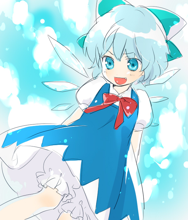 machiko (beard), cirno, touhou, touhou hisoutensoku, blouse, blue background, blue eyes, collared shirt, dress, pinafore dress, ribbon, shirt, short hair, sleeveless dress, solo, white shirt