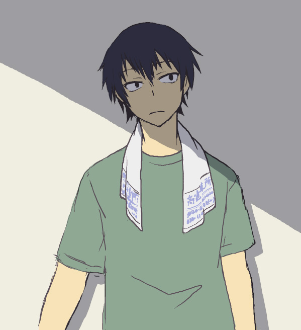 mirai (kiichigo3), takasu ryuuji, toradora!, bad id, bad pixiv id, 00s, 1boy, black eyes, blue hair, flat color, male focus, solo, towel