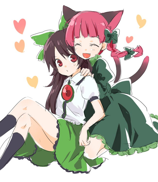 machiko (beard), kaenbyou rin, reiuji utsuho, touhou, 2girls, animal ears, braid, cat ears, cat girl, cat tail, closed eyes, fang, female focus, multiple girls, ribbon, sketch, smile, tail