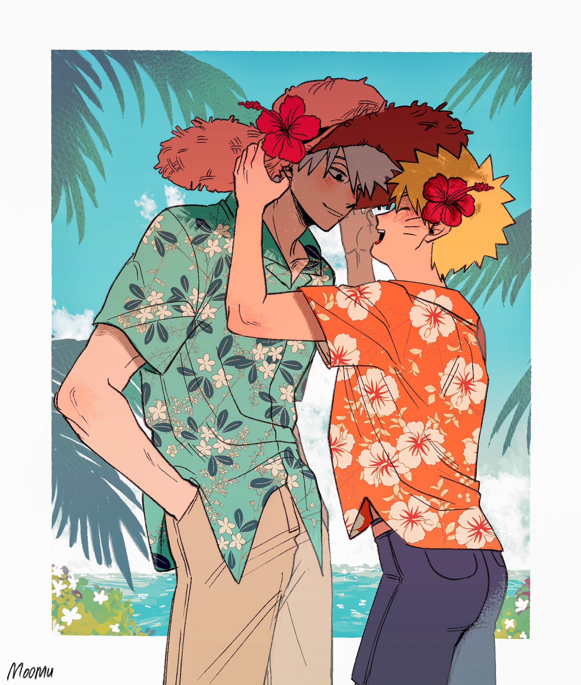 moomusapi, hatake kakashi, uzumaki naruto, naruto (series), highres, 2boys, adjusting another's clothes, aqua shirt, artist name, black shorts, blonde hair, blush, border, closed eyes, closed mouth, collared shirt, cow, facial mark, floral print shirt, flower, gloves, grey hair, grey pants, hair between eyes, hair flower, hair ornament, hand in pocket, hat, hat flower, hawaiian shirt, hibiscus, looking at another, male focus, midriff peek, multiple boys, open mouth, orange shirt, palm tree, pants, print shirt, red gloves, shirt, short hair, shorts, smile, spiked hair, straw hat, sun hat, tree, whisker markings, white border, yaoi