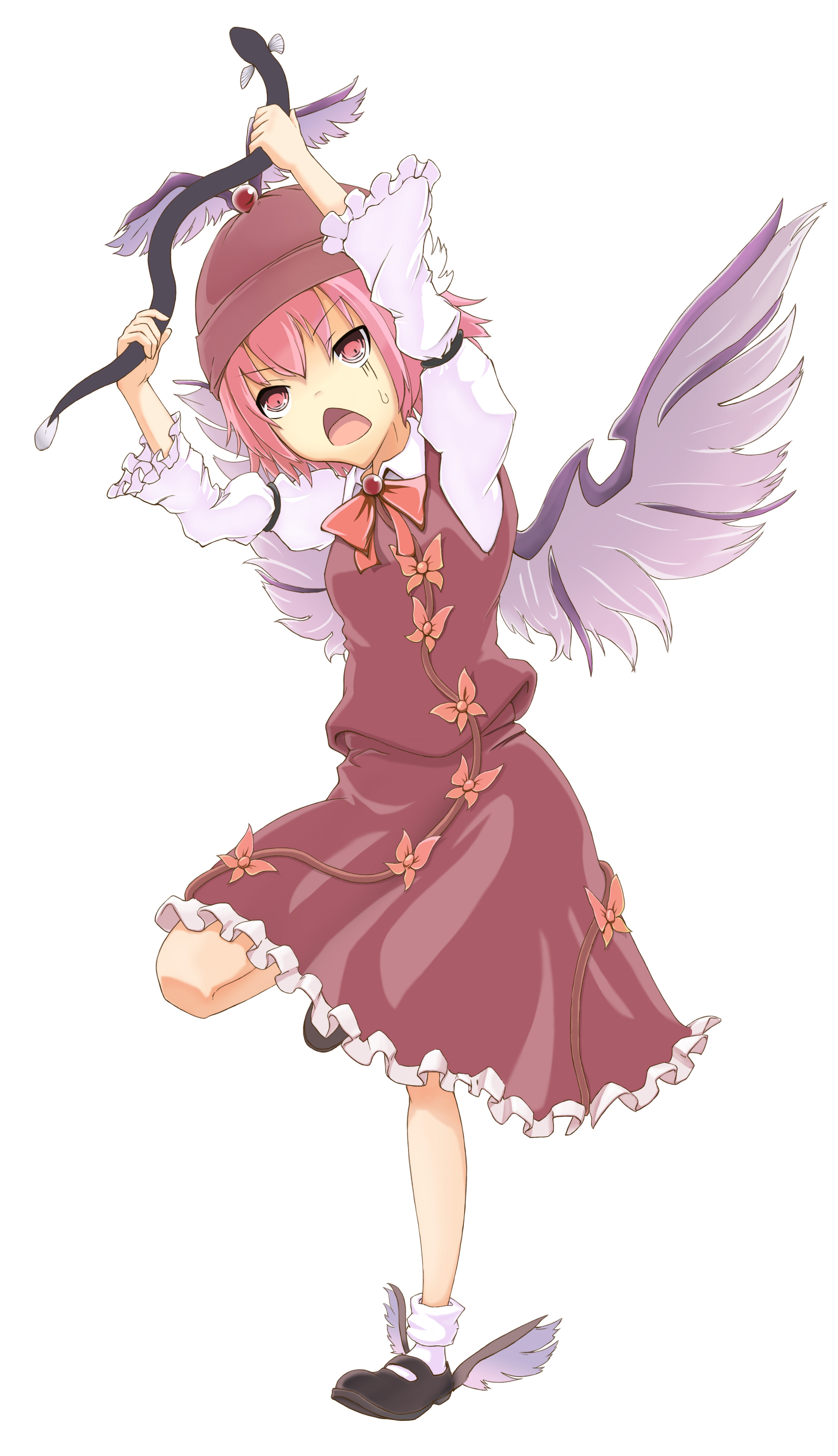 iny, mystia lorelei, touhou, winged footwear, absurdres, highres, 1girl, animal ears, dress, eel, female focus, full body, hat, pink eyes, pink hair, shoes, short hair, simple background, solo, white background, wings
