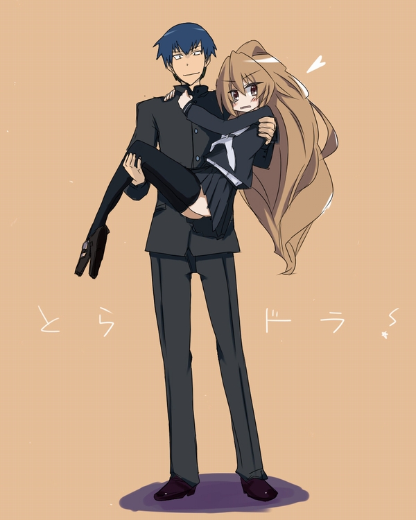 karuishi, aisaka taiga, takasu ryuuji, toradora!, 00s, 1boy, 1girl, black eyes, black serafuku, blue hair, brown eyes, brown hair, carrying, couple, heart, hetero, long hair, princess carry, school uniform, serafuku, smile, thighhighs