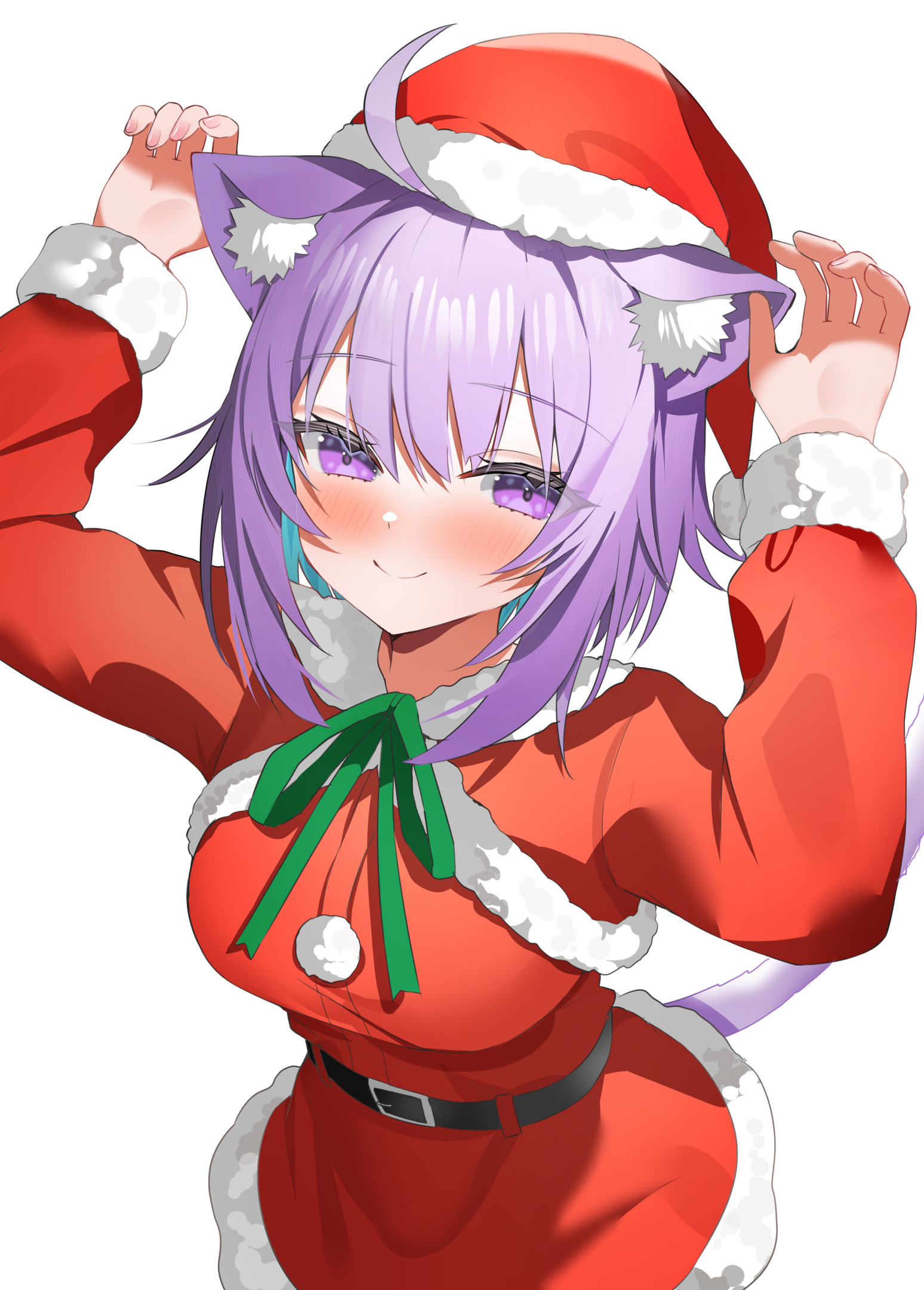 aa44, nekomata okayu, hololive, commentary request, highres, 1girl, ahoge, alternate costume, animal ears, belt, black belt, blush, breasts, cat ears, cat girl, cat tail, christmas, closed mouth, hat, large breasts, long sleeves, looking at viewer, purple eyes, purple hair, red hat, santa costume, santa hat, short hair, simple background, smile, solo, tail, virtual youtuber, white background