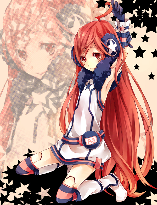 yuzuki karu, sf-a2 miki, vocaloid, striped legwear, bad id, bad pixiv id, ahoge, android, armpits, arms up, belt, boots, dress, full body, gloves, headphones, joints, kneehighs, long hair, red eyes, red hair, robot joints, sleeveless, smile, socks, star (symbol), stretching, striped clothes, striped gloves, striped thighhighs, thighhighs, very long hair, wrist cuffs