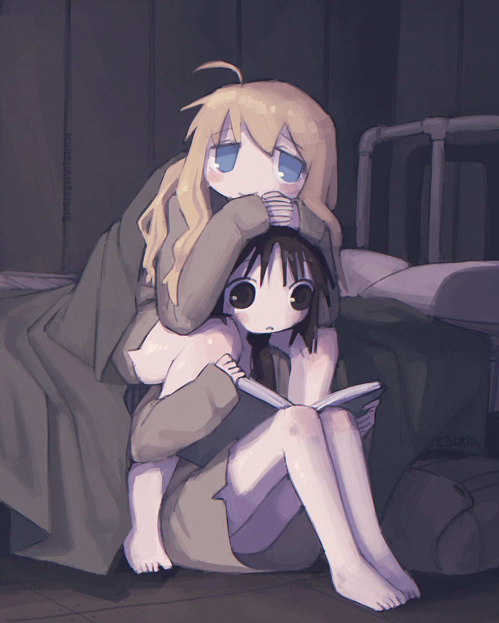 kurohanenone, chito (shoujo shuumatsu ryokou), yuuri (shoujo shuumatsu ryokou), shoujo shuumatsu ryokou, highres, 2girls, backpack, bag, barefoot, bed, bed sheet, between legs, black eyes, black hair, blonde hair, blue eyes, blush, book, cuddling, hands on another's head, holding, holding book, indoors, light smile, long hair, low twintails, military uniform, multiple girls, no pants, on bed, on floor, own hands clasped, own hands together, pillow, reading, twintails