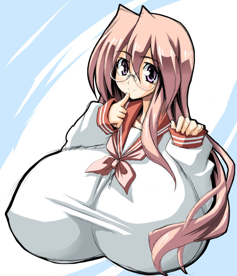kloah, takara miyuki, lucky star, 00s, 1girl, breasts, female focus, finger to mouth, gigantic breasts, glasses, long hair, pink hair, purple eyes, school uniform, solo, very long hair