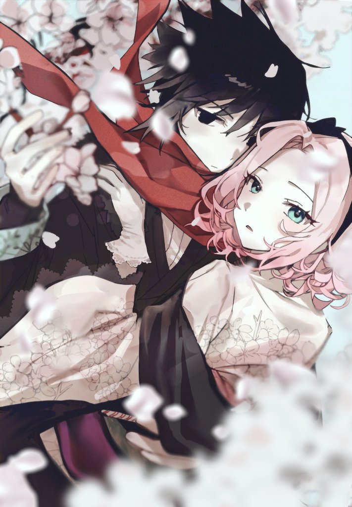 haruno sakura, uchiha sasuke, naruto (series), naruto shippuuden, 1boy, 1girl, black eyes, black hair, black kimono, blurry, blurry foreground, cherry blossoms, closed mouth, couple, falling petals, floral print, floral print kimono, gloves, green eyes, hair between eyes, hand on another's chest, hetero, japan, japanese clothes, kimono, kkkallao, pale skin, parted bangs, parted lips, petals, pink hair, print kimono, red scarf, scarf, upper body, white gloves, white kimono