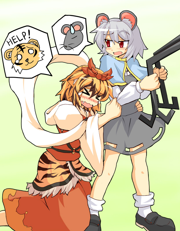 haruka (pixiv23275), harukatron, nazrin, toramaru shou, touhou, md5 mismatch, > <, 2girls, animal ears, annoyed, blush, closed eyes, fang, female focus, multiple girls, short hair, speech bubble, tears, wavy mouth