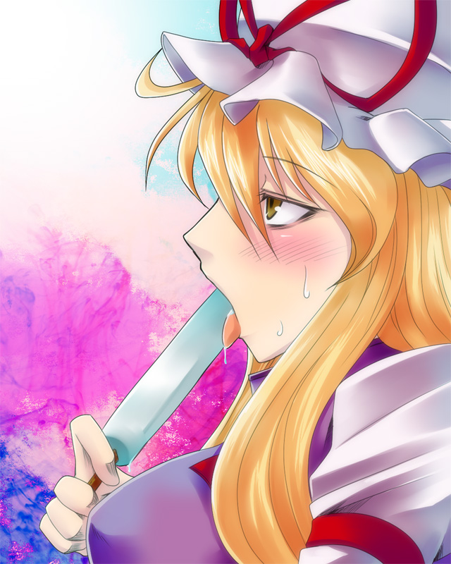 kuon846, kuon yashiro, yakumo yukari, touhou, 1girl, blonde hair, blush, female focus, food, hat, ice cream, popsicle, saliva, sexually suggestive, solo, sweat, tongue