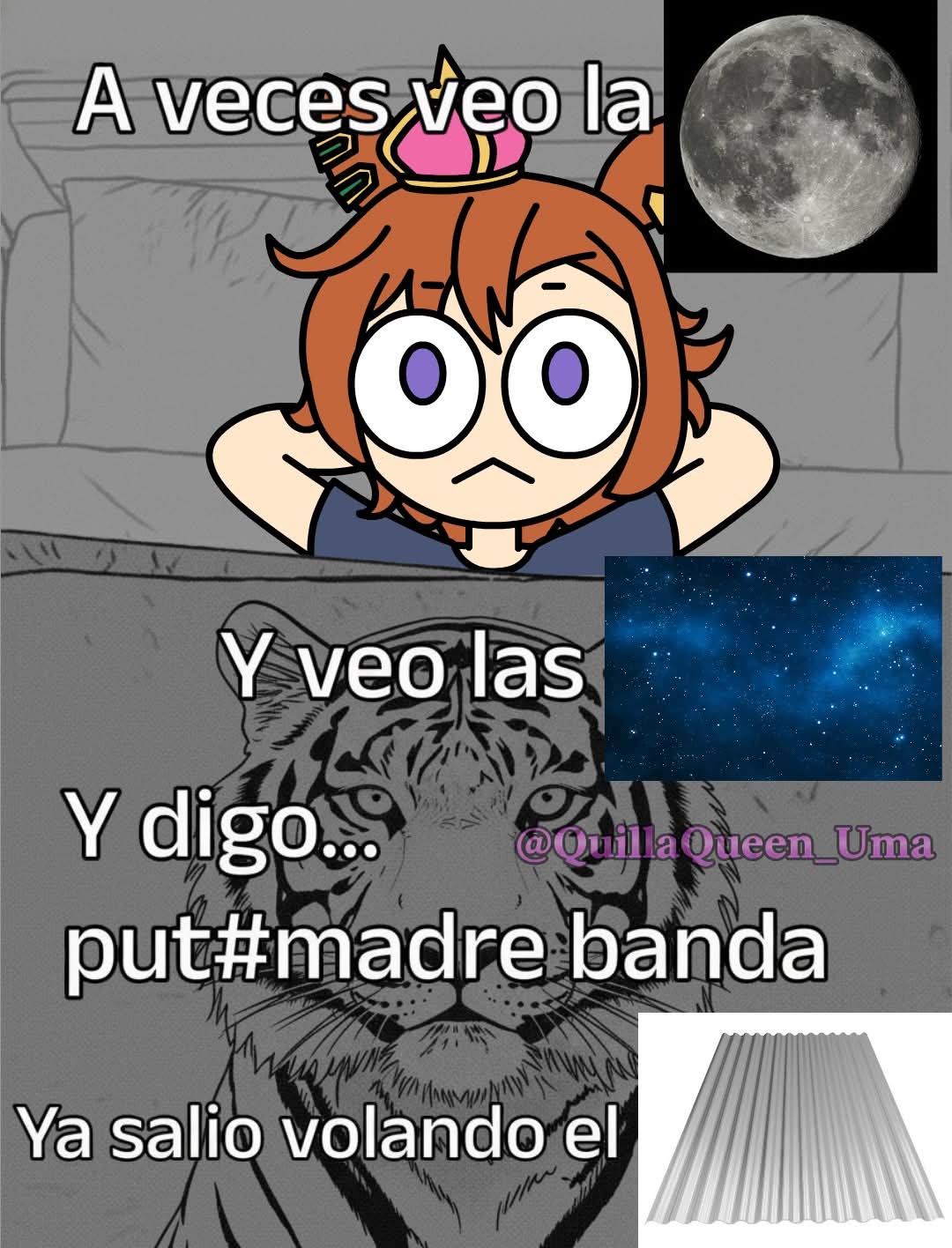 t.m. opera o (umamusume), umamusume, highres, non-web source, animal ears, arms behind head, bed, corrugated galvanized iron sheet, crown, full moon, horse ears, horse girl, meme, mini crown, moon, on bed, pillow, quilla queen (artist), short hair, spanish text, star (sky), tiger, watermark