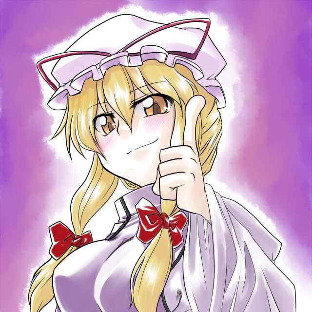 kuon846, kuon yashiro, yakumo yukari, touhou, bad id, bad pixiv id, 1girl, female focus, hat, ribbon, smile, solo