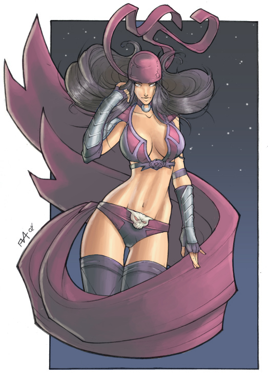 li mei, midway, mortal kombat (series), bandana, breasts, choker, fingerless gloves, gauntlets, gloves, long hair, midriff, navel, purple hair, sash, star (symbol), thighhighs