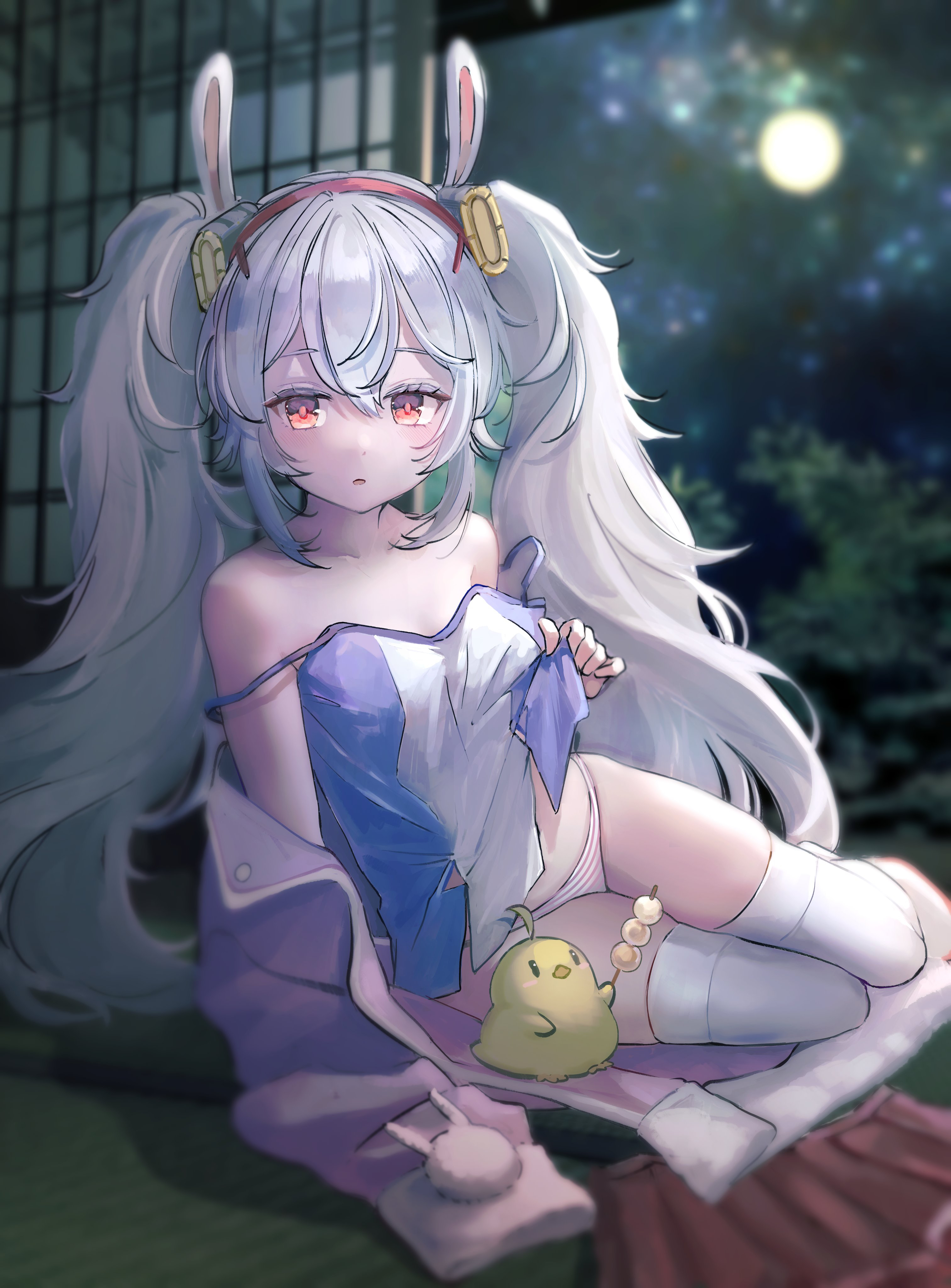 tanatu 0, laffey (azur lane), manjuu (azur lane), azur lane, absurdres, highres, 1girl, ahoge, dango, food, full moon, jacket, long hair, looking at viewer, moon, night, open mouth, panties, pink eyes, pink jacket, pink panties, solo, striped clothes, striped panties, thighhighs, underwear, wagashi, white hair, white thighhighs